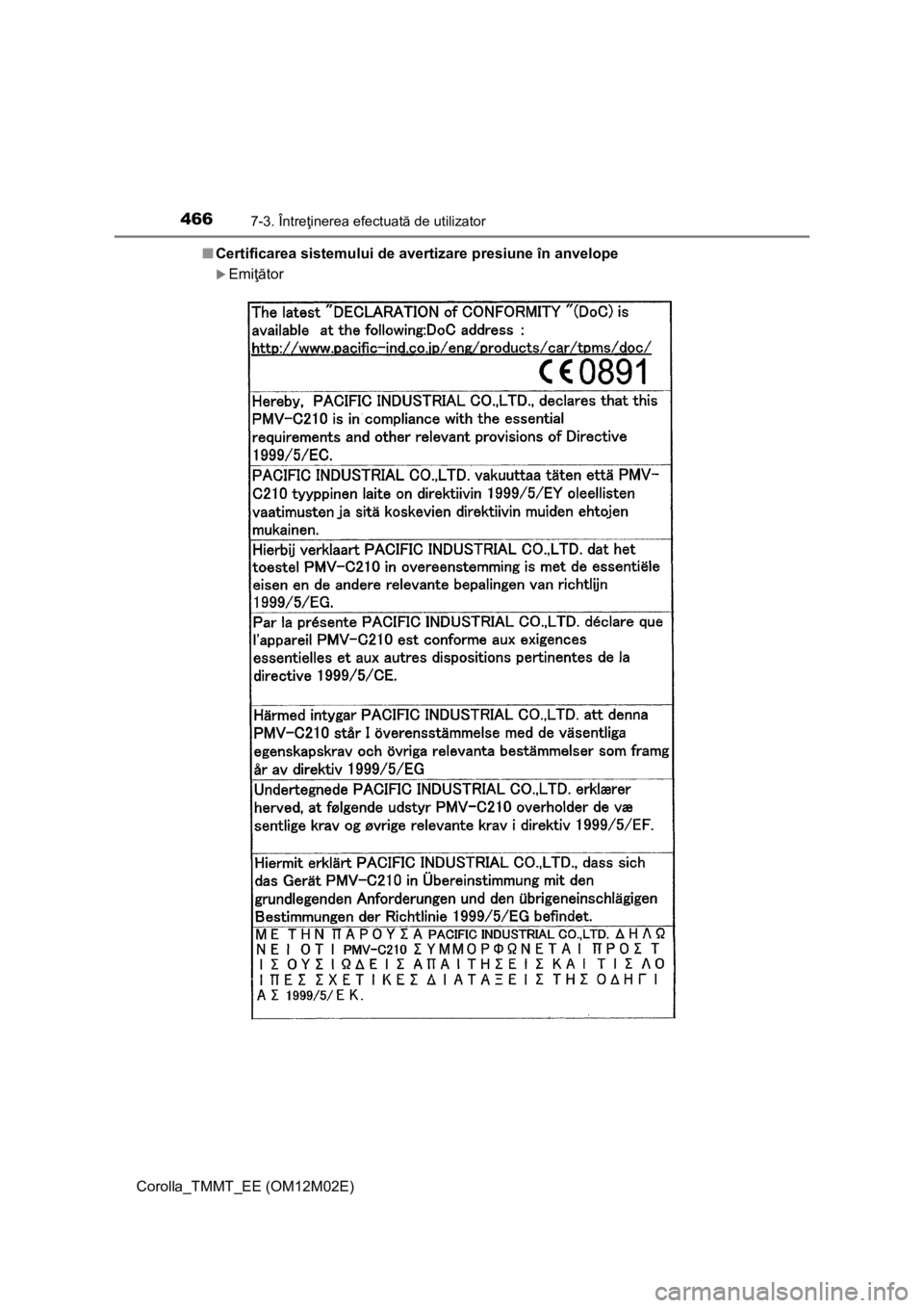 TOYOTA COROLLA 2016  Manual de utilizare (in Romanian) 4667-3. Întreţinerea efectuată de utilizator
Corolla_TMMT_EE (OM12M02E)■Certificarea sistemului de avertizare presiune în anvelope
Emiţător 