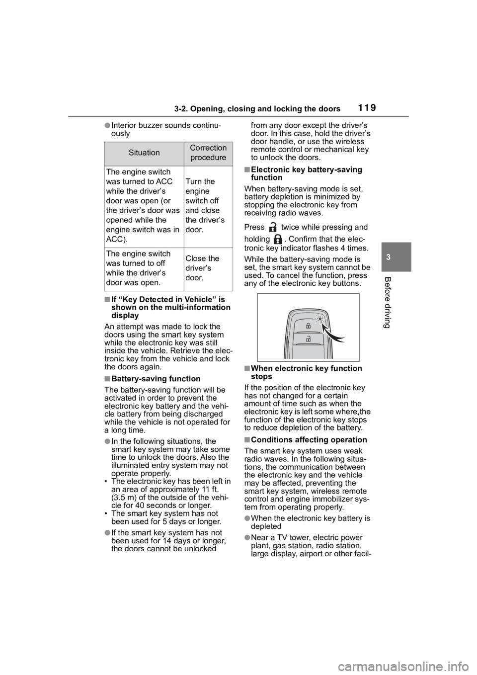 TOYOTA COROLLA CROSS 2023 Service Manual 1193-2. Opening, closing and locking the doors
3
Before driving
●Interior buzzer sounds continu-
ously
■If “Key Detected in Vehicle” is 
shown on the multi-information 
display
An attempt was 