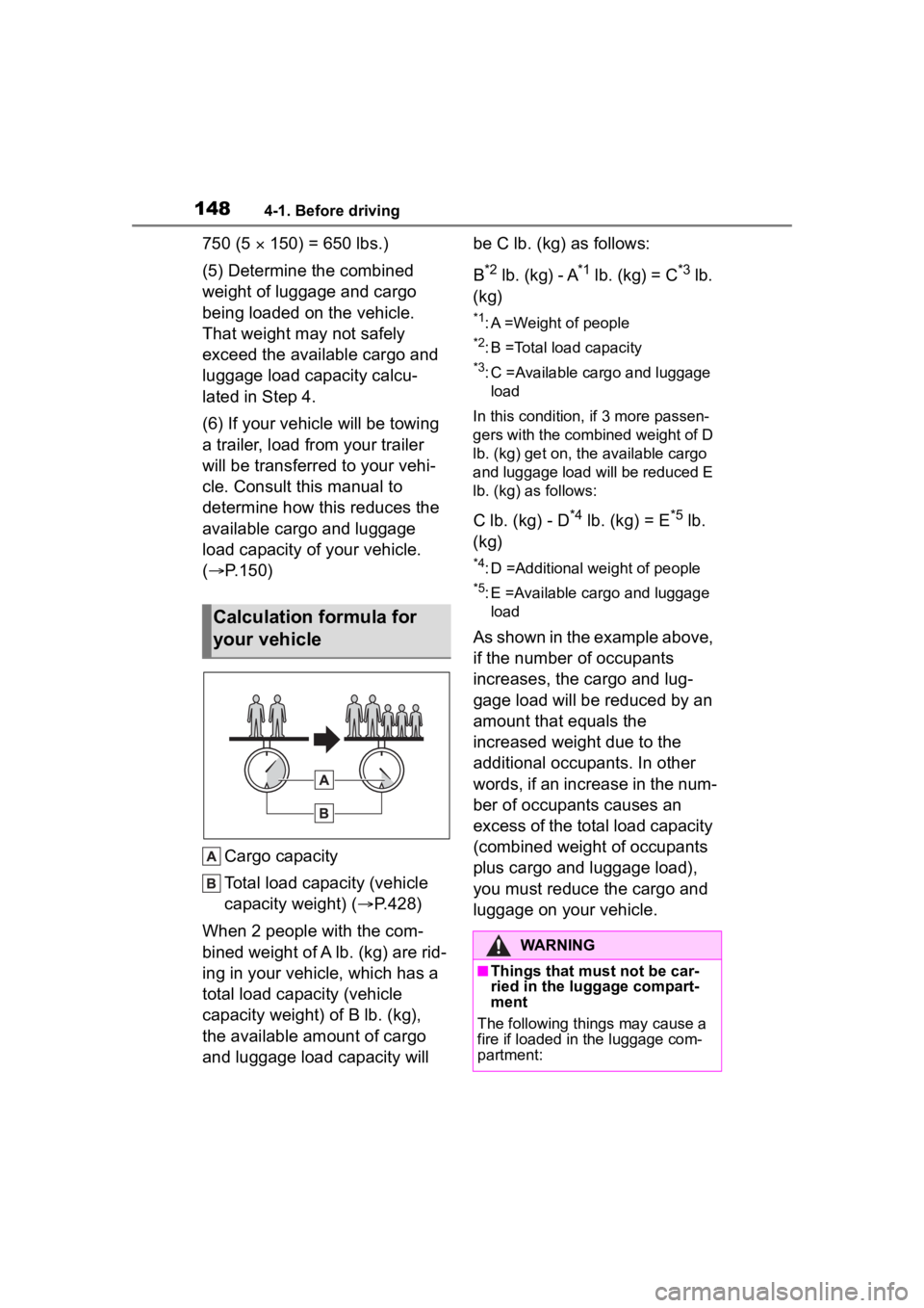 TOYOTA COROLLA CROSS 2023 Owners Manual 1484-1. Before driving
750 (5 150) = 650 lbs.)
(5) Determine the combined
weight of luggage and cargo
being loaded on the vehicle.
That weight may not safely
exceed the available cargo and
lu TOYOTA COROLLA CROSS 2023 Owners Manual 1484-1. Before driving
750 (5 150) = 650 lbs.)
(5) Determine the combined
weight of luggage and cargo
being loaded on the vehicle.
That weight may not safely
exceed the available cargo and
lu