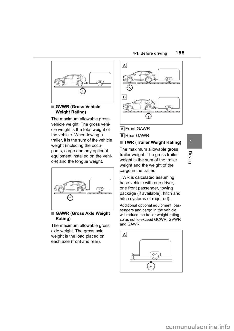 TOYOTA COROLLA CROSS 2023 Owners Manual 1554-1. Before driving
4
Driving
■GVWR (Gross Vehicle
Weight Rating)
The maximum allowable gross
vehicle weight. The gross vehi-
cle weight is the total weight of
the vehicle. When towing a
trai TOYOTA COROLLA CROSS 2023 Owners Manual 1554-1. Before driving
4
Driving
■GVWR (Gross Vehicle
Weight Rating)
The maximum allowable gross
vehicle weight. The gross vehi-
cle weight is the total weight of
the vehicle. When towing a
trai
