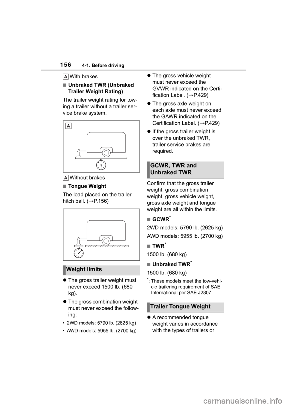 TOYOTA COROLLA CROSS 2023 Owners Manual 1564-1. Before driving
With brakes
■Unbraked TWR (Unbraked
Trailer Weight Rating)
The trailer weight rating for tow-
ing a trailer without a trailer ser-
vice brake system.
Without brakes
■Tongue TOYOTA COROLLA CROSS 2023 Owners Manual 1564-1. Before driving
With brakes
■Unbraked TWR (Unbraked
Trailer Weight Rating)
The trailer weight rating for tow-
ing a trailer without a trailer ser-
vice brake system.
Without brakes
■Tongue