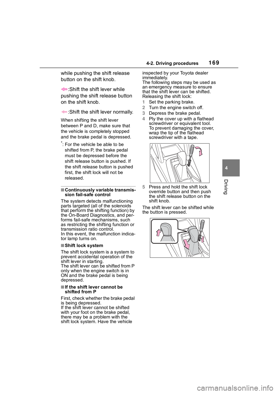 TOYOTA COROLLA CROSS 2023 Owners Manual 1694-2. Driving procedures
4
Driving
while pushing the shift release
button on the shift knob.:Shift the shift lever while
pushing the shift release button
on the shift knob.
:Shift the shift lever TOYOTA COROLLA CROSS 2023 Owners Manual 1694-2. Driving procedures
4
Driving
while pushing the shift release
button on the shift knob.:Shift the shift lever while
pushing the shift release button
on the shift knob.
:Shift the shift lever