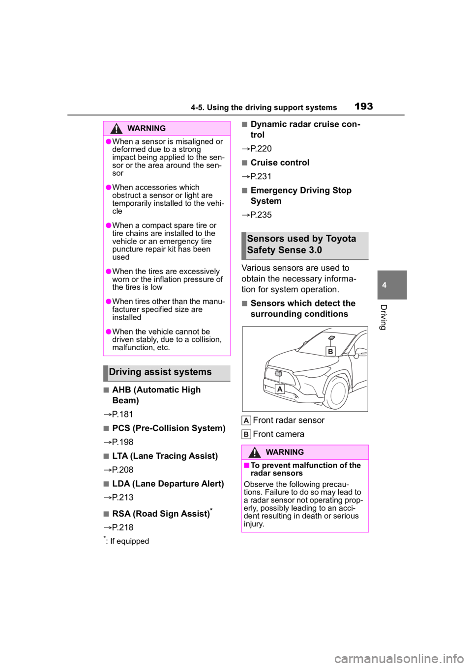 TOYOTA COROLLA CROSS 2023 Owners Manual 1934-5. Using the driving support systems
4
Driving
■AHB (Automatic High
Beam)
P.181
■PCS (Pre-Collision System)
P.198
■LTA (Lane Tracing Assist)
P.208
■LDA (Lane Departure Alert) TOYOTA COROLLA CROSS 2023 Owners Manual 1934-5. Using the driving support systems
4
Driving
■AHB (Automatic High
Beam)
P.181
■PCS (Pre-Collision System)
P.198
■LTA (Lane Tracing Assist)
P.208
■LDA (Lane Departure Alert)