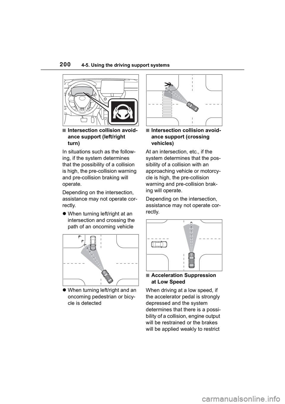 TOYOTA COROLLA CROSS 2023 Owners Manual 2004-5. Using the driving support systems
■Intersection collision avoid-
ance support (left/right
turn)
In situations such as the follow-
ing, if the system determines
that the possibility of a co TOYOTA COROLLA CROSS 2023 Owners Manual 2004-5. Using the driving support systems
■Intersection collision avoid-
ance support (left/right
turn)
In situations such as the follow-
ing, if the system determines
that the possibility of a co