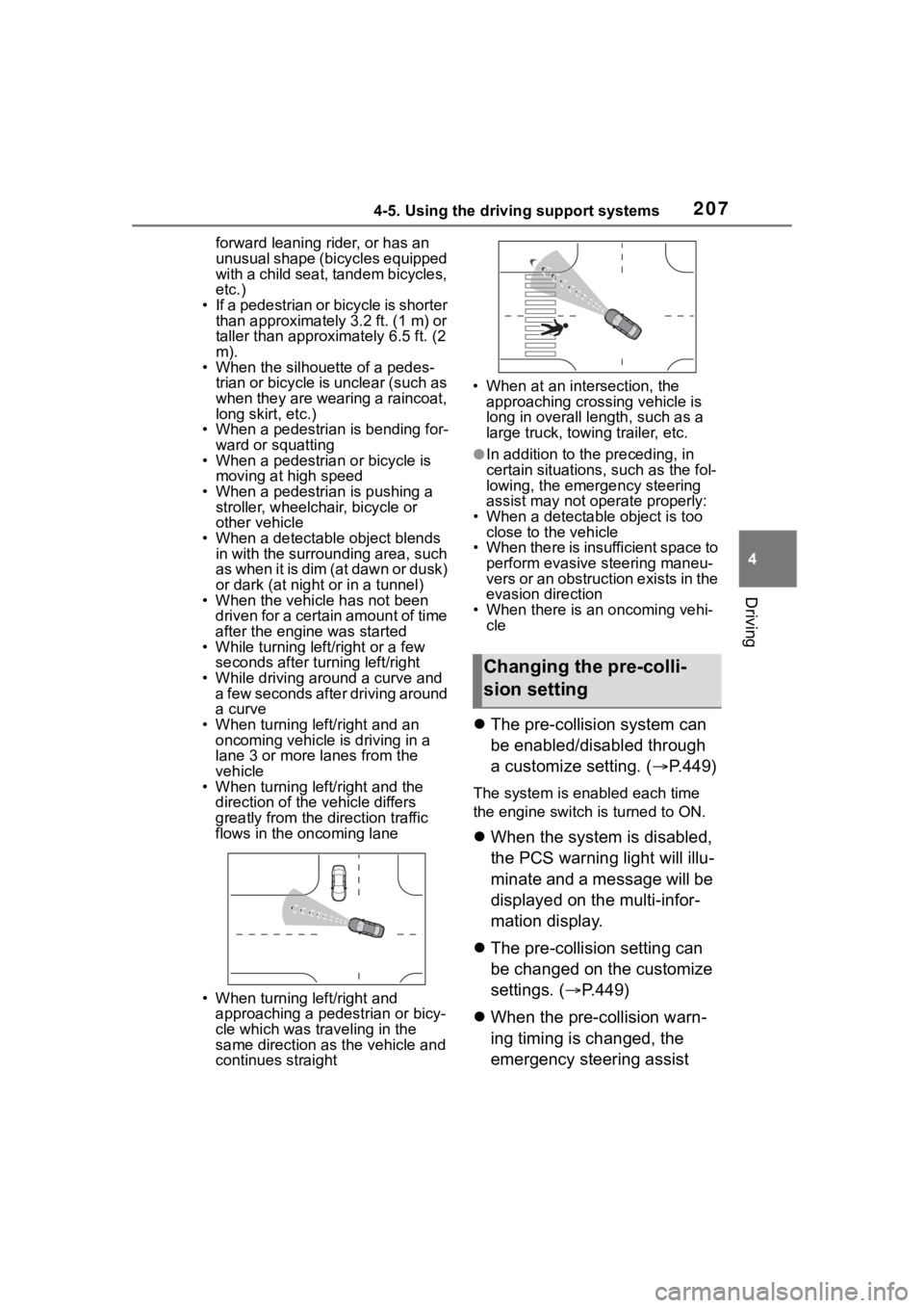 TOYOTA COROLLA CROSS 2023 Repair Manual 2074-5. Using the driving support systems
4
Driving
forward leaning rider, or has an
unusual shape (bicycles equipped
with a child seat, tandem bicycles,
etc.)
• If a pedestrian or bicycle is sho TOYOTA COROLLA CROSS 2023 Repair Manual 2074-5. Using the driving support systems
4
Driving
forward leaning rider, or has an
unusual shape (bicycles equipped
with a child seat, tandem bicycles,
etc.)
• If a pedestrian or bicycle is sho
