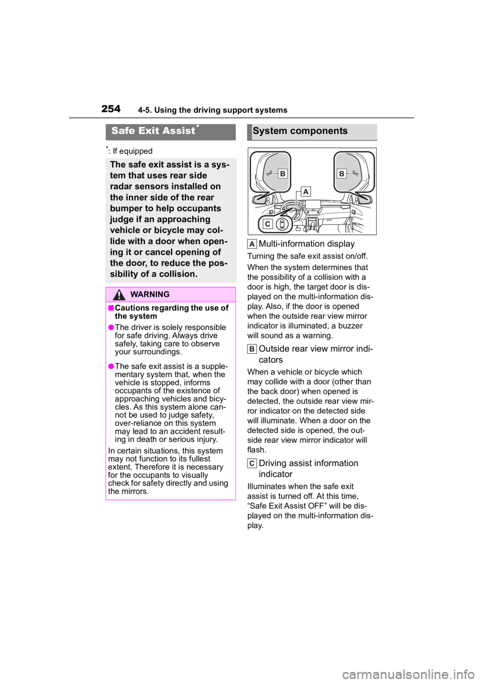 TOYOTA COROLLA CROSS 2023 Owners Manual 2544-5. Using the driving support systems
*: If equipped
Multi-information display
Turning the safe exit assist on/off.
When the system determines that
the possibility of a collision with a
door is TOYOTA COROLLA CROSS 2023 Owners Manual 2544-5. Using the driving support systems
*: If equipped
Multi-information display
Turning the safe exit assist on/off.
When the system determines that
the possibility of a collision with a
door is