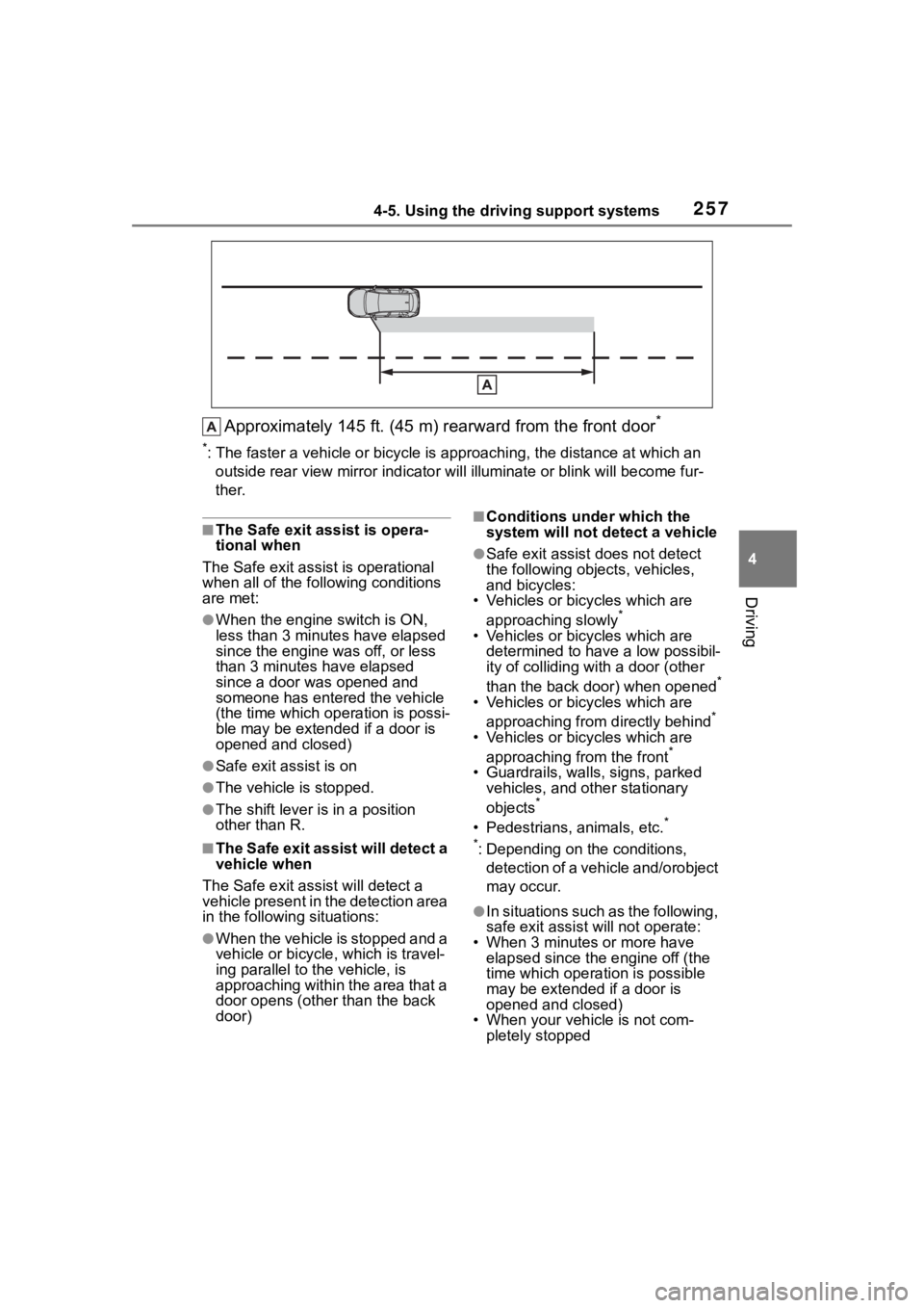 TOYOTA COROLLA CROSS 2023 Owners Manual 2574-5. Using the driving support systems
4
Driving
Approximately 145 ft. (45 m) rearward from the front door*
*: The faster a vehicle or bicycle is approaching, the distance at which an
outside rear TOYOTA COROLLA CROSS 2023 Owners Manual 2574-5. Using the driving support systems
4
Driving
Approximately 145 ft. (45 m) rearward from the front door*
*: The faster a vehicle or bicycle is approaching, the distance at which an
outside rear