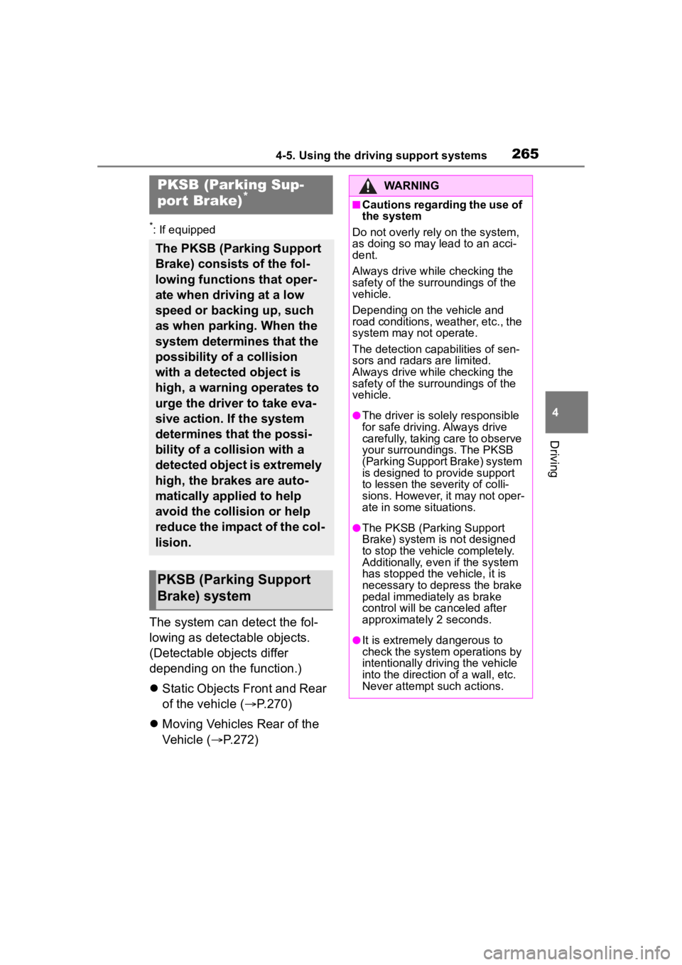 TOYOTA COROLLA CROSS 2023 Owners Manual 2654-5. Using the driving support systems
4
Driving
*: If equipped
The system can detect the fol-
lowing as detectable objects.
(Detectable objects differ
depending on the function.)
Static Objec TOYOTA COROLLA CROSS 2023 Owners Manual 2654-5. Using the driving support systems
4
Driving
*: If equipped
The system can detect the fol-
lowing as detectable objects.
(Detectable objects differ
depending on the function.)
Static Objec