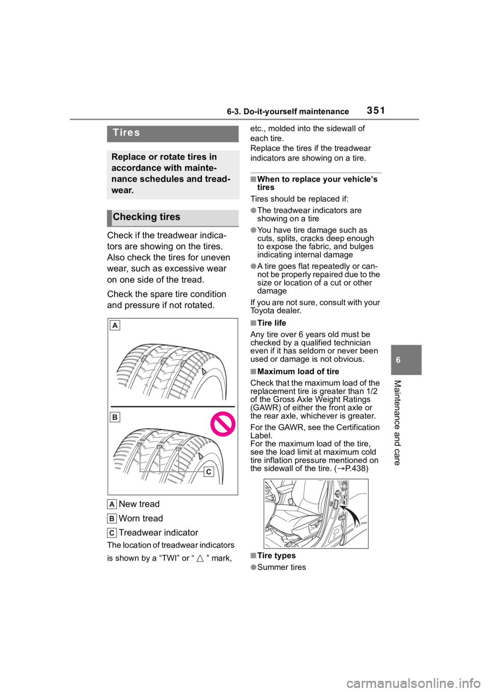TOYOTA COROLLA CROSS 2023 Owners Manual 3516-3. Do-it-yourself maintenance
6
Maintenance and care
Check if the treadwear indica-
tors are showing on the tires.
Also check the tires for uneven
wear, such as excessive wear
on one side of t TOYOTA COROLLA CROSS 2023 Owners Manual 3516-3. Do-it-yourself maintenance
6
Maintenance and care
Check if the treadwear indica-
tors are showing on the tires.
Also check the tires for uneven
wear, such as excessive wear
on one side of t