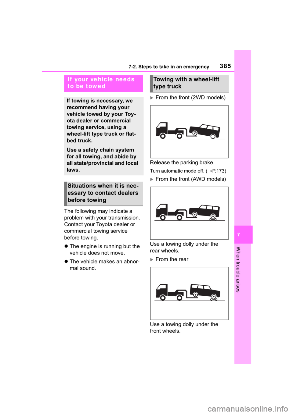 TOYOTA COROLLA CROSS 2023 Owners Manual 3857-2. Steps to take in an emergency
7
When trouble arises
7-2.Steps to take in an emergency
The following may indicate a
problem with your transmission.
Contact your Toyota dealer or
commercial t TOYOTA COROLLA CROSS 2023 Owners Manual 3857-2. Steps to take in an emergency
7
When trouble arises
7-2.Steps to take in an emergency
The following may indicate a
problem with your transmission.
Contact your Toyota dealer or
commercial t