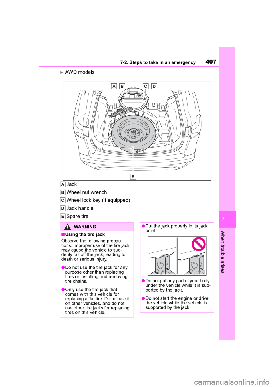 TOYOTA COROLLA CROSS 2023 Owners Manual 4077-2. Steps to take in an emergency
7
When trouble arises
AWD models
Jack
Wheel nut wrench
Wheel lock key (if equipped)
Jack handle
Spare tire
WARNING
■Using the tire jack
Observe the following TOYOTA COROLLA CROSS 2023 Owners Manual 4077-2. Steps to take in an emergency
7
When trouble arises
AWD models
Jack
Wheel nut wrench
Wheel lock key (if equipped)
Jack handle
Spare tire
WARNING
■Using the tire jack
Observe the following