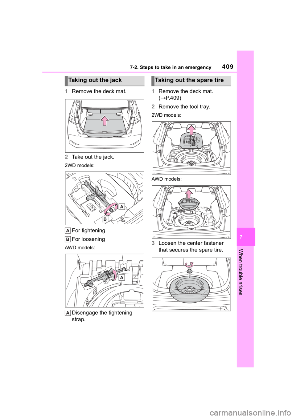 TOYOTA COROLLA CROSS 2023 Owners Manual 4097-2. Steps to take in an emergency
7
When trouble arises
1Remove the deck mat.
2 Take out the jack.
2WD models:
For tightening
For loosening
AWD models:
Disengage the tightening
strap. 1
Remove th TOYOTA COROLLA CROSS 2023 Owners Manual 4097-2. Steps to take in an emergency
7
When trouble arises
1Remove the deck mat.
2 Take out the jack.
2WD models:
For tightening
For loosening
AWD models:
Disengage the tightening
strap. 1
Remove th
