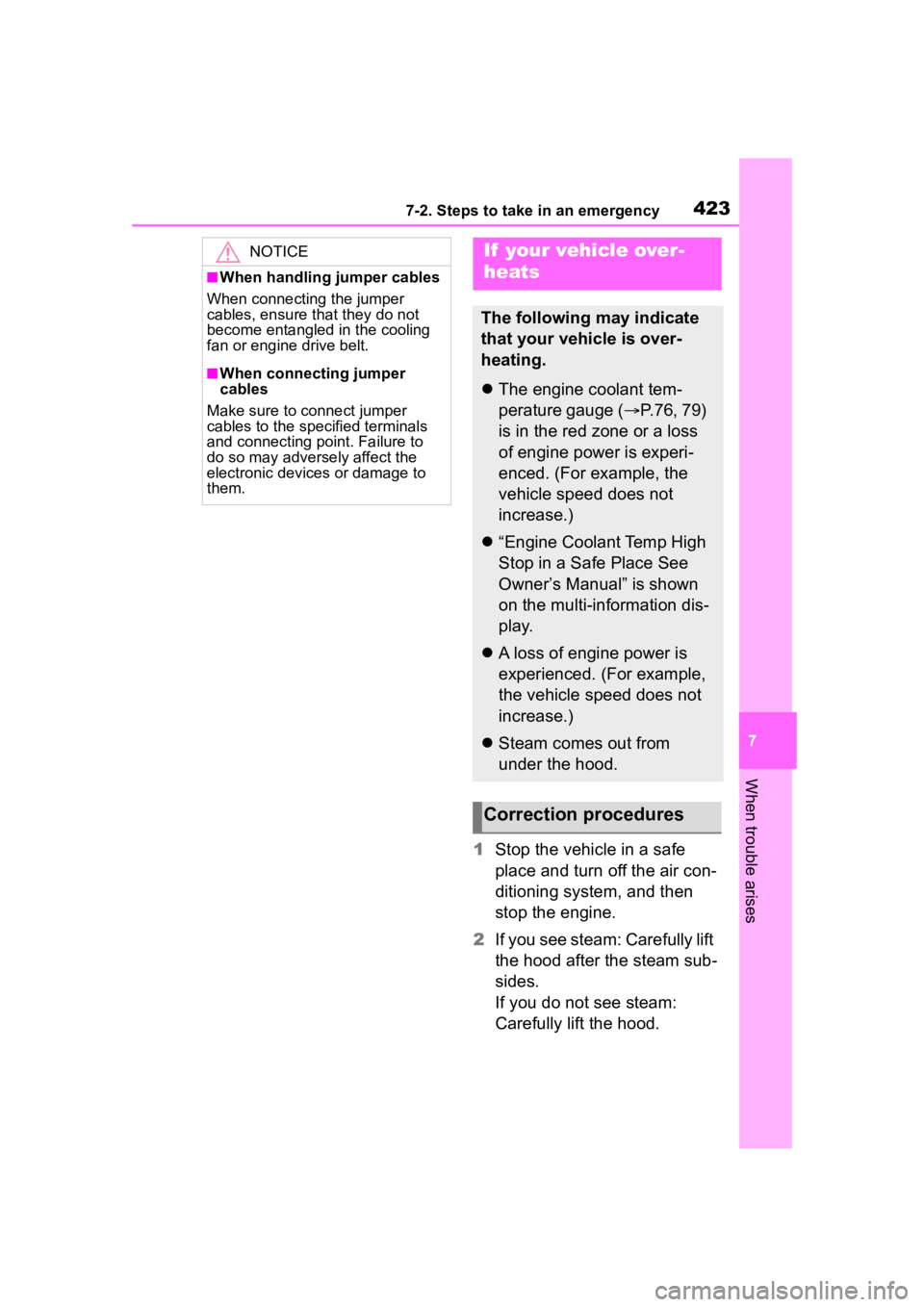 TOYOTA COROLLA CROSS 2023  Owners Manual 4237-2. Steps to take in an emergency
7
When trouble arises
1Stop the vehicle in a safe 
place and turn off the air con-
ditioning system, and then 
stop the engine.
2 If you see steam: Carefully lift