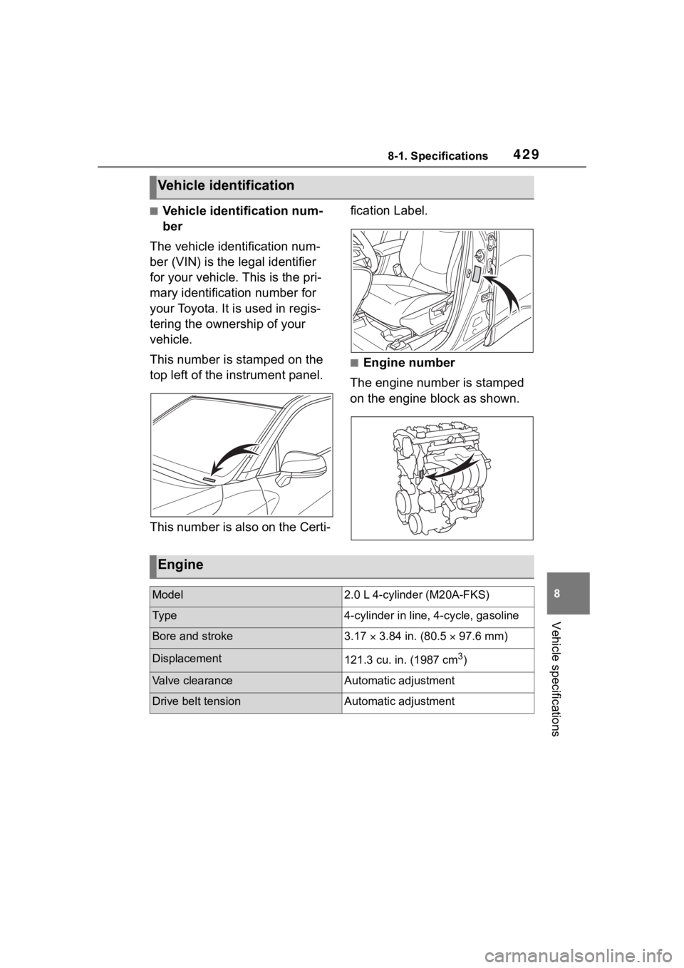 TOYOTA COROLLA CROSS 2023  Owners Manual 4298-1. Specifications
8
Vehicle specifications
■Vehicle identification num-
ber
The vehicle identification num-
ber (VIN) is the legal identifier 
for your vehicle. This is the pri-
mary identifica