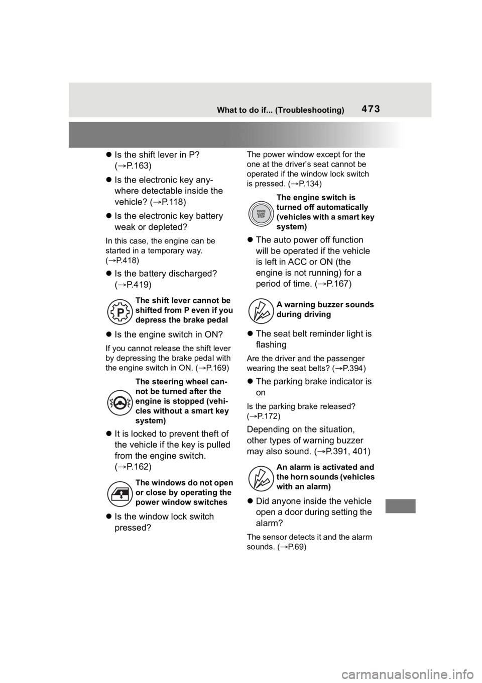 TOYOTA COROLLA CROSS 2023 Workshop Manual 473What to do if... (Troubleshooting)
Is the shift lever in P?
( P.163)
Is the electronic key any-
where detectable inside the
vehicle? ( P.118)
Is the electronic key battery
weak TOYOTA COROLLA CROSS 2023 Workshop Manual 473What to do if... (Troubleshooting)
Is the shift lever in P?
( P.163)
Is the electronic key any-
where detectable inside the
vehicle? ( P.118)
Is the electronic key battery
weak