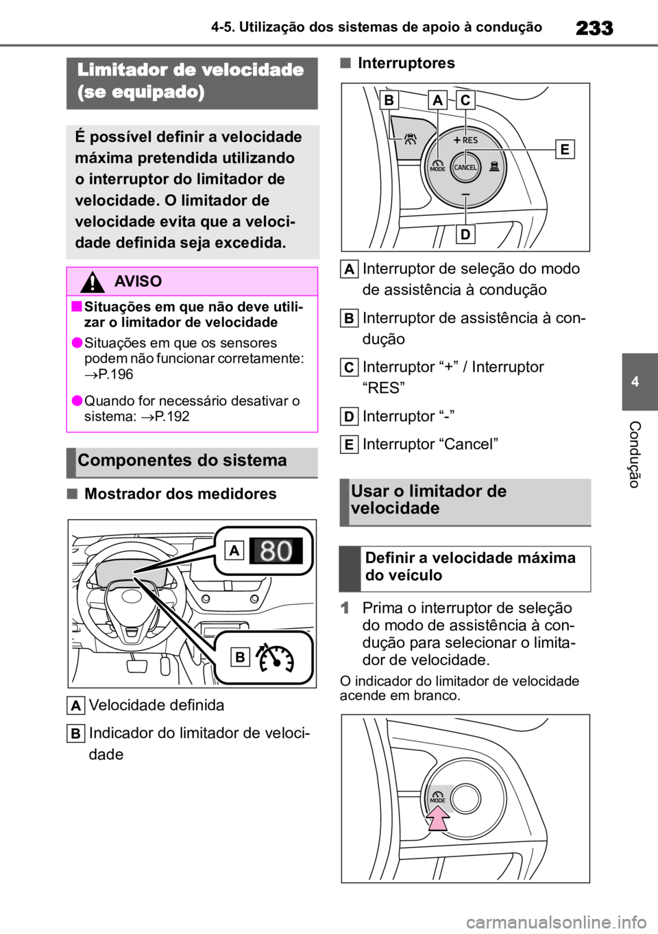 TOYOTA COROLLA CROSS 2023 Manual de utilização (in Portuguese) 233
4
4-5. Utilização dos sistemas de apoio à condução
Condução
nMostrador dos medidores
Velocidade definida
Indicador do limitador de veloci-
dade
nInterruptores
Interruptor de seleção do mo TOYOTA COROLLA CROSS 2023 Manual de utilização (in Portuguese) 233
4
4-5. Utilização dos sistemas de apoio à condução
Condução
nMostrador dos medidores
Velocidade definida
Indicador do limitador de veloci-
dade
nInterruptores
Interruptor de seleção do mo