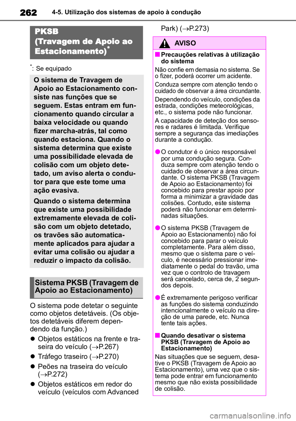 TOYOTA COROLLA CROSS 2023 Manual de utilização (in Portuguese) 2624-5. Utilização dos sistemas de apoio à condução
*: Se equipado
O sistema pode detetar o seguinte
como objetos detetáveis. (Os obje -
tos detetáveis diferem depen -
dendo da função.)
TOYOTA COROLLA CROSS 2023 Manual de utilização (in Portuguese) 2624-5. Utilização dos sistemas de apoio à condução
*: Se equipado
O sistema pode detetar o seguinte
como objetos detetáveis. (Os obje -
tos detetáveis diferem depen -
dendo da função.)
