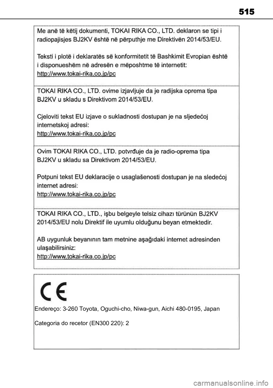 TOYOTA COROLLA CROSS 2023  Manual de utilização (in Portuguese) 515
Endereço: 3-260 Toyota, Oguchi-cho, Niwa-gun, Aichi 480-0195, Japan
Categoria do recetor (EN300 220): 2 
