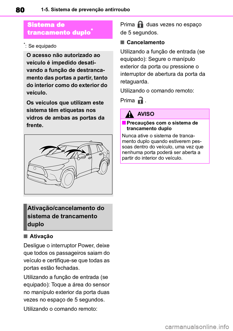 TOYOTA COROLLA CROSS 2023 Manual de utilização (in Portuguese) 801-5. Sistema de prevenção antirroubo
*: Se equipado
nAtivação
Desligue o interruptor Power, deixe
que todos os passageiros saiam do
veículo e certifique-se que todas as
portas estão fechada TOYOTA COROLLA CROSS 2023 Manual de utilização (in Portuguese) 801-5. Sistema de prevenção antirroubo
*: Se equipado
nAtivação
Desligue o interruptor Power, deixe
que todos os passageiros saiam do
veículo e certifique-se que todas as
portas estão fechada