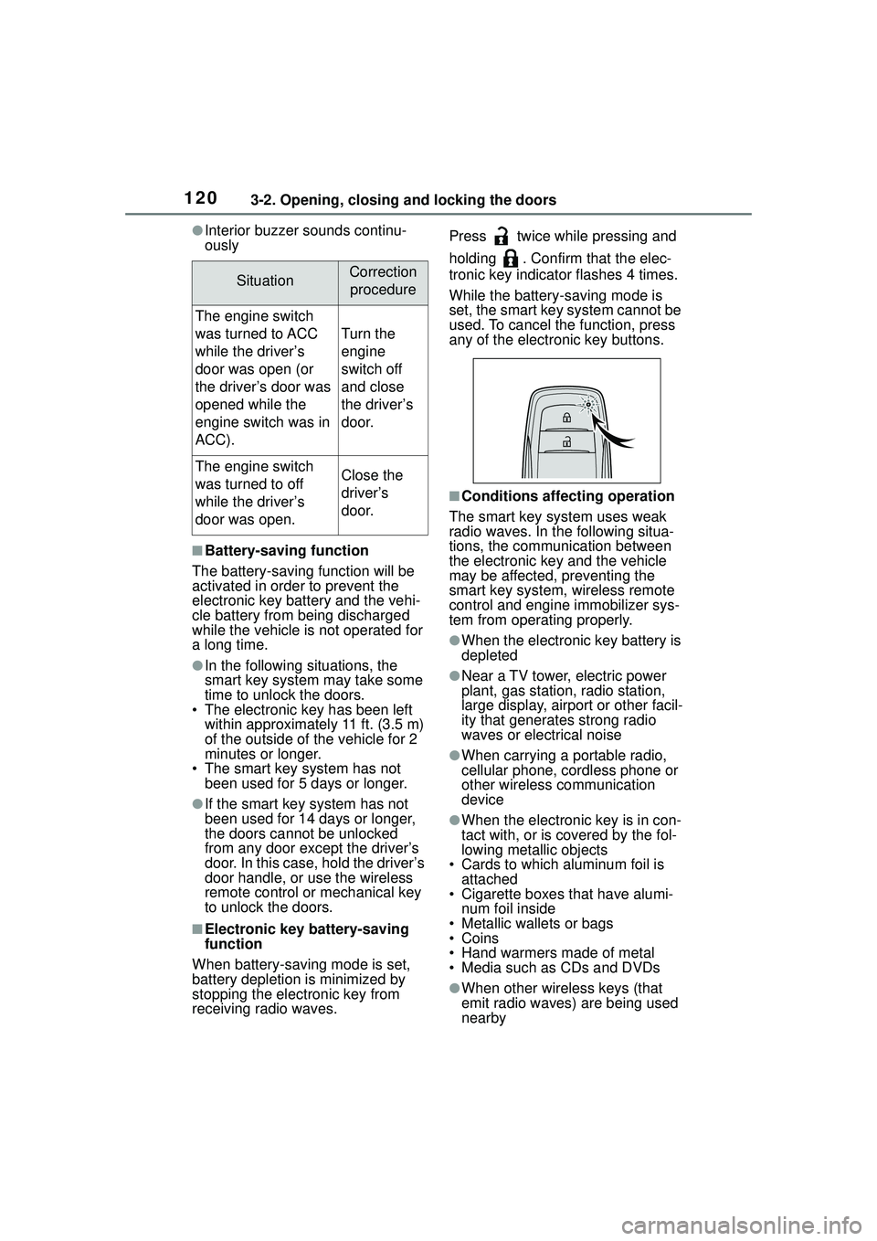 TOYOTA COROLLA CROSS 2022 User Guide 1203-2. Opening, closing and locking the doors
●Interior buzzer sounds continu-
ously
■Battery-saving function
The battery-saving function will be
activated in order to prevent the
electronic ke TOYOTA COROLLA CROSS 2022 User Guide 1203-2. Opening, closing and locking the doors
●Interior buzzer sounds continu-
ously
■Battery-saving function
The battery-saving function will be
activated in order to prevent the
electronic ke