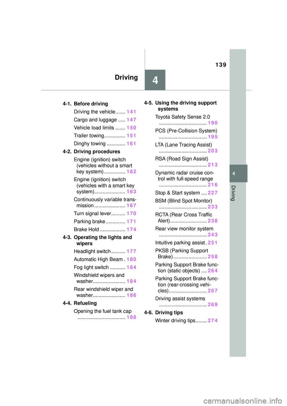 TOYOTA COROLLA CROSS 2022  Owners Manual 139
4
4
Driving
Driving
.4-1. Before drivingDriving the vehicle....... 141
Cargo and luggage ..... 147
Vehicle load limits ....... 150
Trailer towing............... 151
Dinghy towing ............. 161