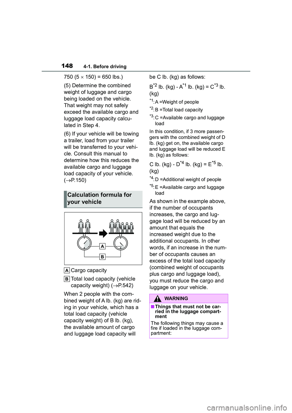 TOYOTA COROLLA CROSS 2022 Owners Manual 1484-1. Before driving
750 (5 150) = 650 lbs.)
(5) Determine the combined
weight of luggage and cargo
being loaded on the vehicle.
That weight may not safely
exceed the available cargo and
lu TOYOTA COROLLA CROSS 2022 Owners Manual 1484-1. Before driving
750 (5 150) = 650 lbs.)
(5) Determine the combined
weight of luggage and cargo
being loaded on the vehicle.
That weight may not safely
exceed the available cargo and
lu