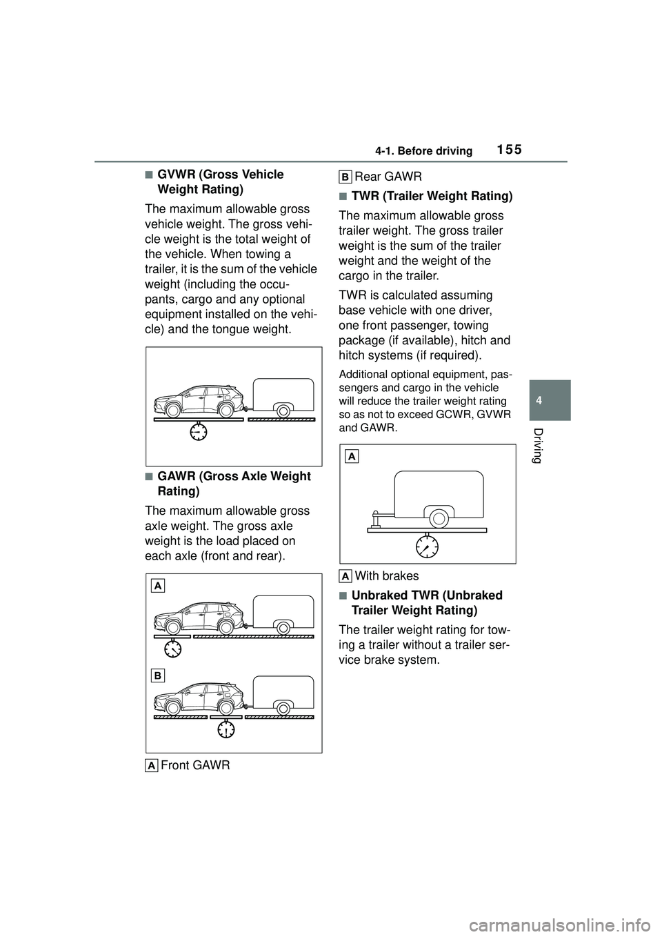 TOYOTA COROLLA CROSS 2022 Owners Manual 1554-1. Before driving
4
Driving
■GVWR (Gross Vehicle
Weight Rating)
The maximum allowable gross
vehicle weight. The gross vehi-
cle weight is the total weight of
the vehicle. When towing a
trai TOYOTA COROLLA CROSS 2022 Owners Manual 1554-1. Before driving
4
Driving
■GVWR (Gross Vehicle
Weight Rating)
The maximum allowable gross
vehicle weight. The gross vehi-
cle weight is the total weight of
the vehicle. When towing a
trai