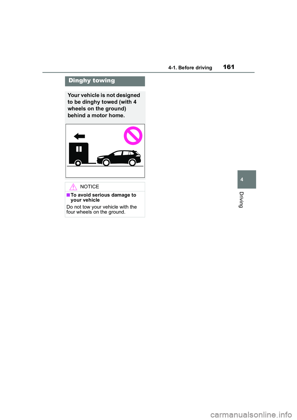 TOYOTA COROLLA CROSS 2022 Owners Manual 1614-1. Before driving
4
Driving
Dinghy towing
Your vehicle is not designed
to be dinghy towed (with 4
wheels on the ground)
behind a motor home.
NOTICE
■To avoid serious damage to
your vehicle
TOYOTA COROLLA CROSS 2022 Owners Manual 1614-1. Before driving
4
Driving
Dinghy towing
Your vehicle is not designed
to be dinghy towed (with 4
wheels on the ground)
behind a motor home.
NOTICE
■To avoid serious damage to
your vehicle