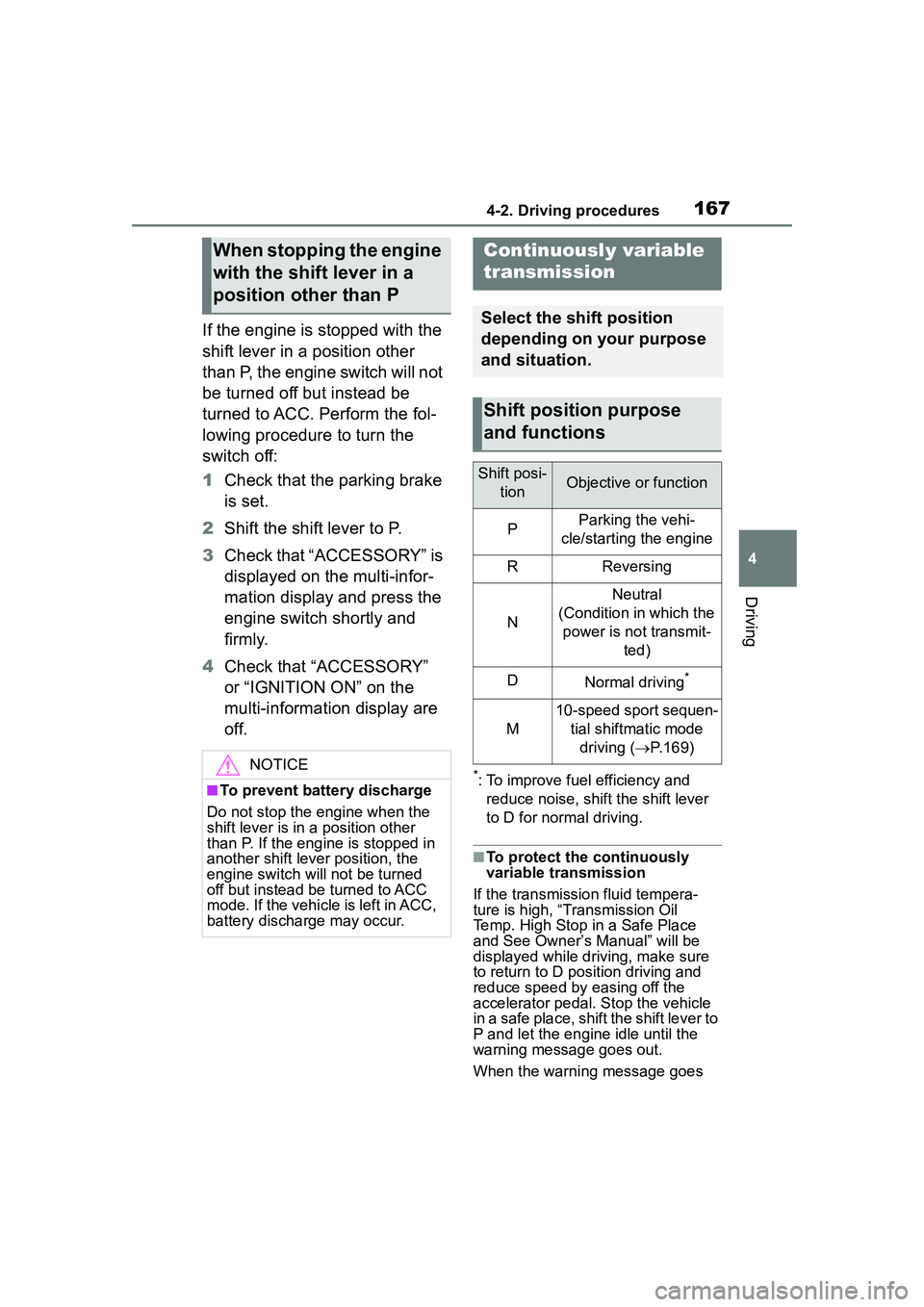 TOYOTA COROLLA CROSS 2022 Owners Manual 1674-2. Driving procedures
4
Driving
If the engine is stopped with the
shift lever in a position other
than P, the engine switch will not
be turned off but instead be
turned to ACC. Perform the fo TOYOTA COROLLA CROSS 2022 Owners Manual 1674-2. Driving procedures
4
Driving
If the engine is stopped with the
shift lever in a position other
than P, the engine switch will not
be turned off but instead be
turned to ACC. Perform the fo
