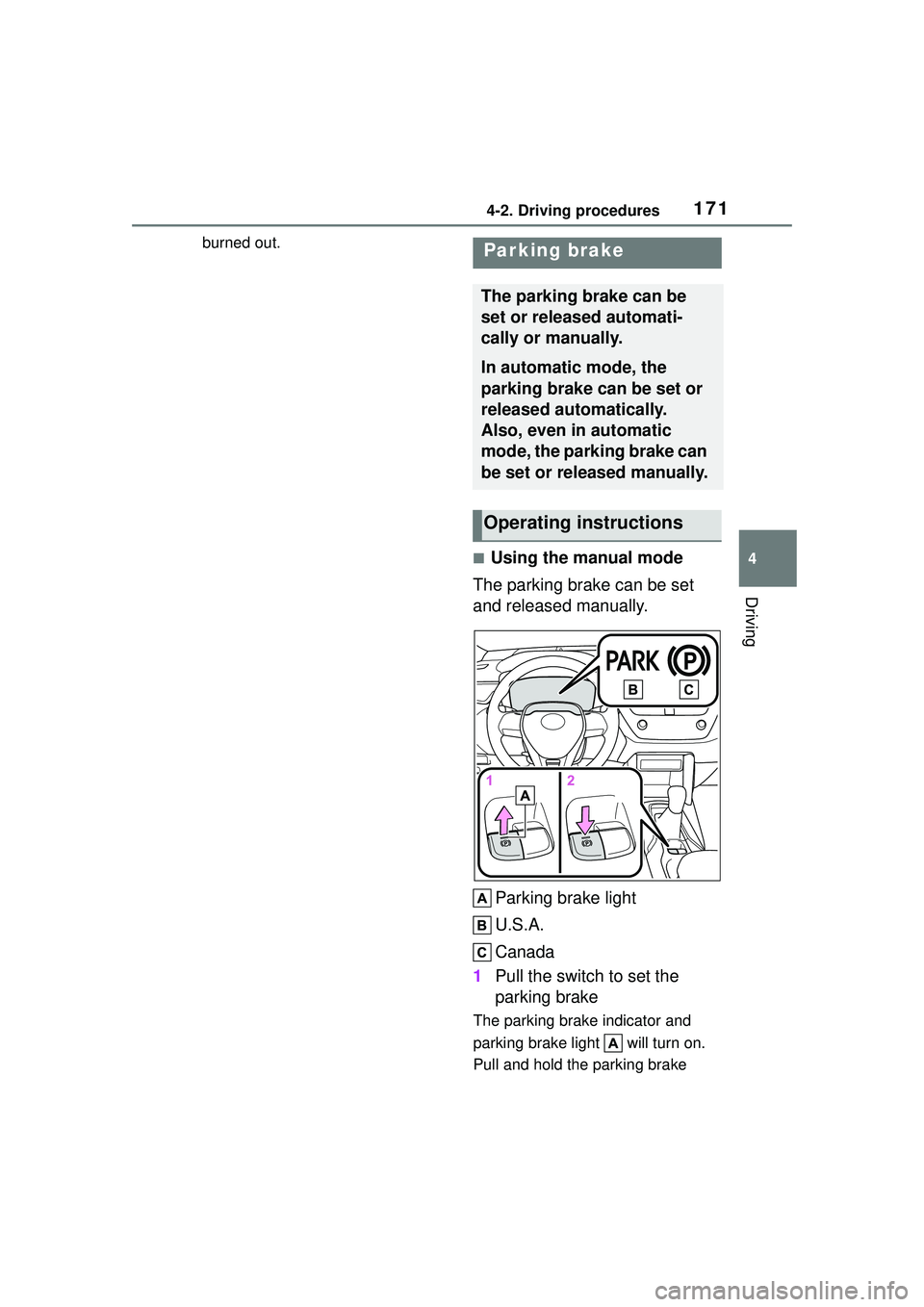 TOYOTA COROLLA CROSS 2022  Owners Manual 1714-2. Driving procedures
4
Driving
burned out.
■Using the manual mode
The parking brake can be set 
and released manually.
Parking brake light
U.S.A.
Canada
1 Pull the switch to set the 
parking b