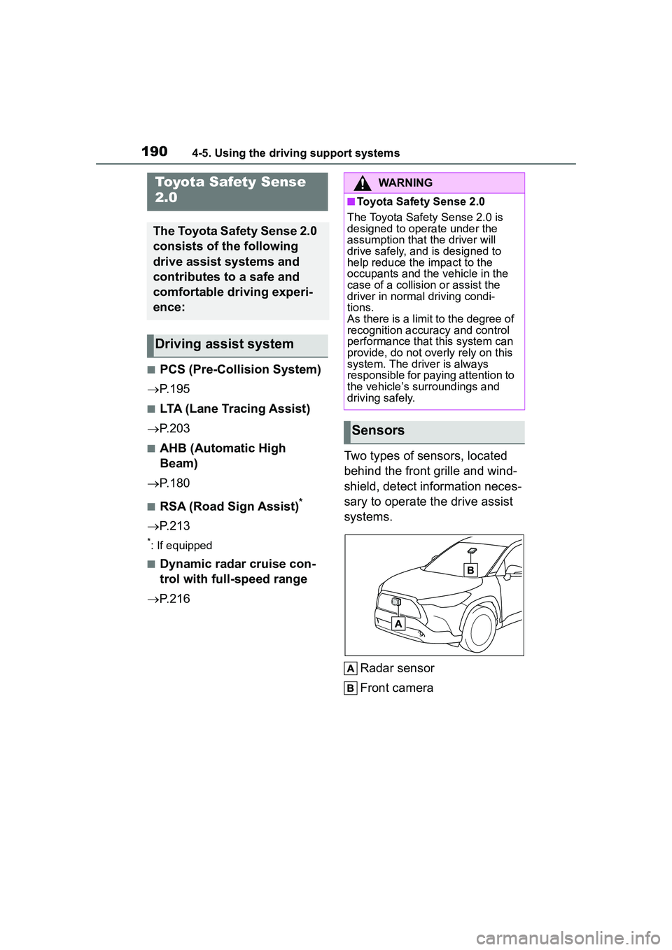 TOYOTA COROLLA CROSS 2022 Owners Manual 1904-5. Using the driving support systems
4-5.Using the driving support systems
■PCS (Pre-Collision System)
P.195
■LTA (Lane Tracing Assist)
P.203
■AHB (Automatic High
Beam)
P.180
TOYOTA COROLLA CROSS 2022 Owners Manual 1904-5. Using the driving support systems
4-5.Using the driving support systems
■PCS (Pre-Collision System)
P.195
■LTA (Lane Tracing Assist)
P.203
■AHB (Automatic High
Beam)
P.180