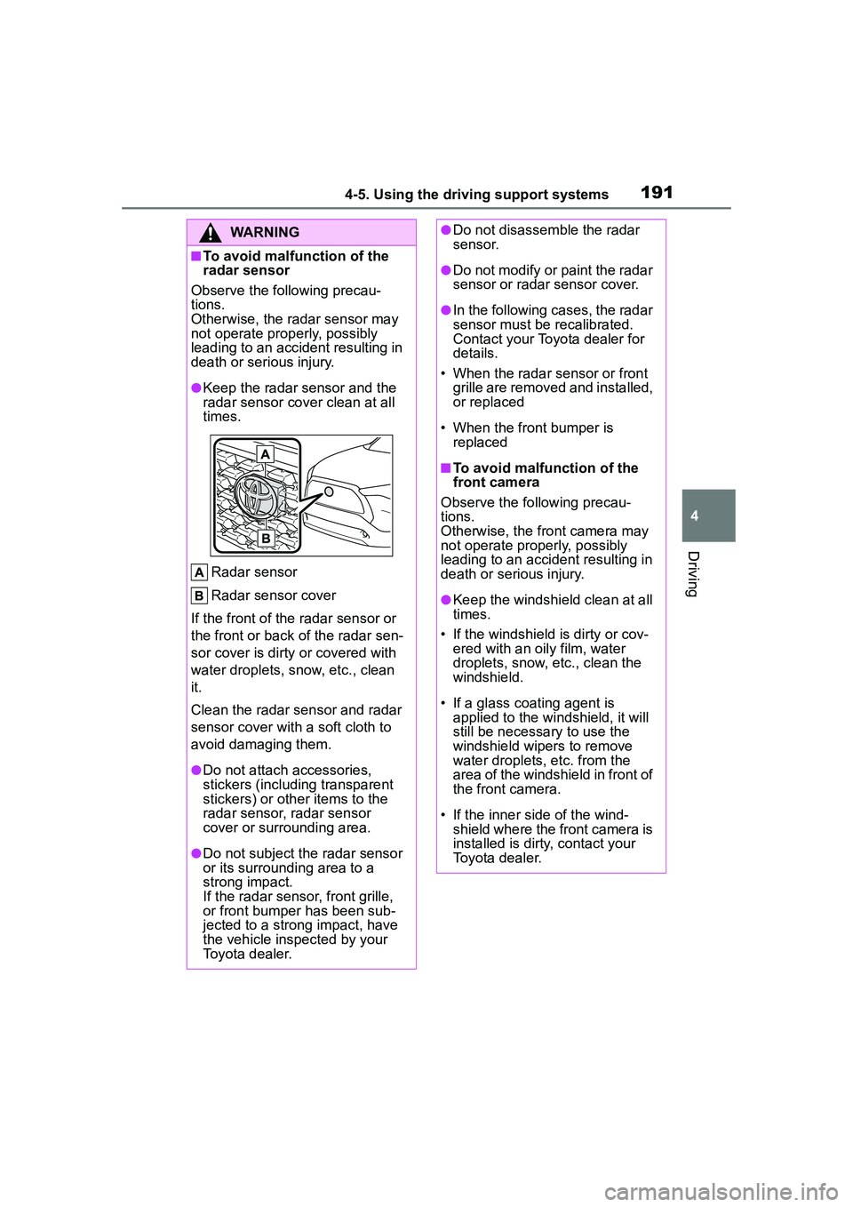 TOYOTA COROLLA CROSS 2022  Owners Manual 1914-5. Using the driving support systems
4
Driving
WARNING
■To avoid malfunction of the 
radar sensor
Observe the following precau-
tions.
Otherwise, the radar sensor may 
not operate properly, pos
