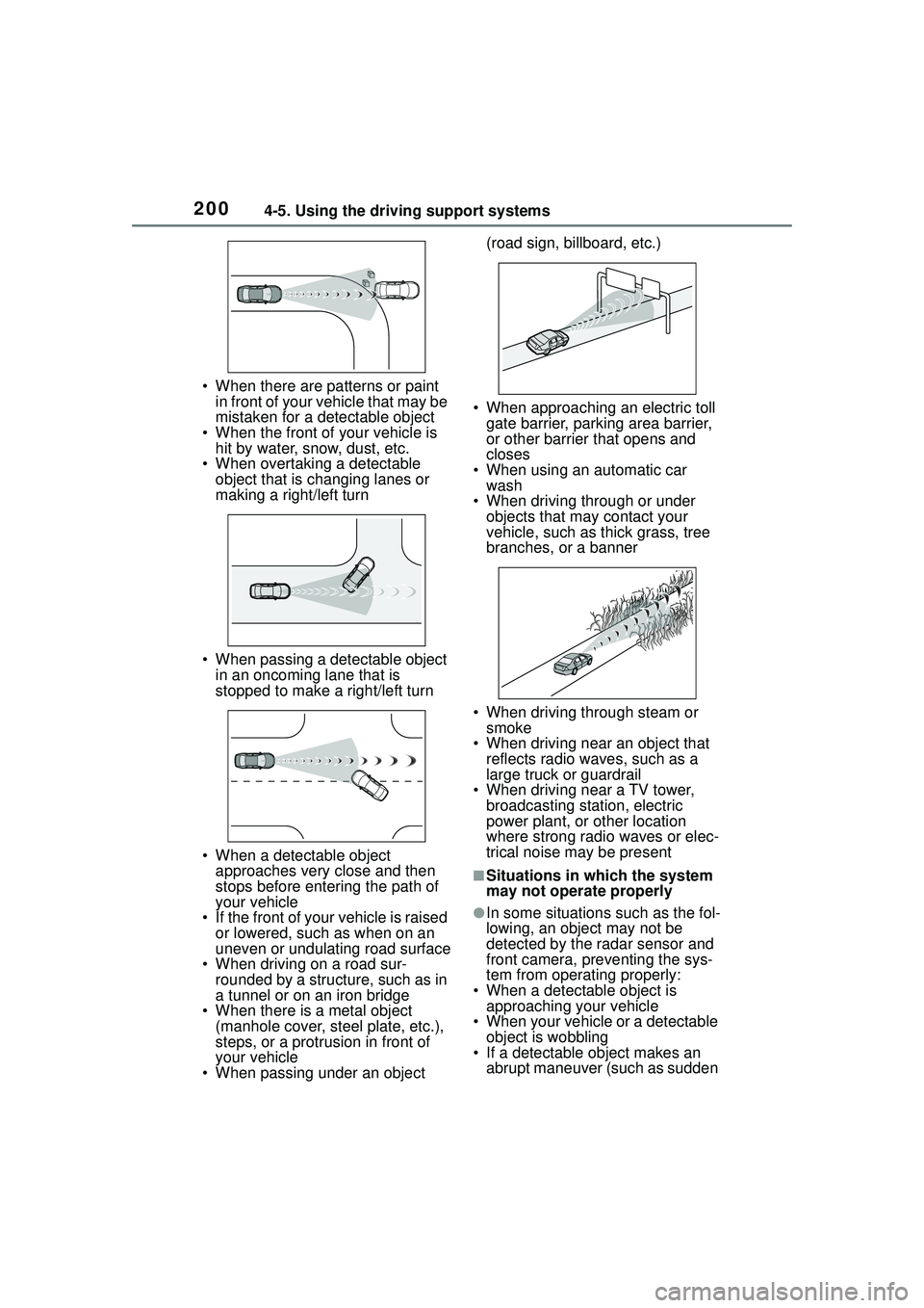 TOYOTA COROLLA CROSS 2022  Owners Manual 2004-5. Using the driving support systems
• When there are patterns or paint in front of your vehicle that may be 
mistaken for a detectable object
• When the front of your vehicle is  hit by wate