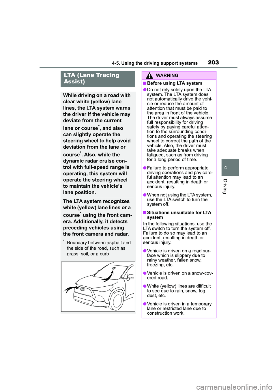 TOYOTA COROLLA CROSS 2022 Owners Manual 2034-5. Using the driving support systems
4
Driving
LTA (Lane Tracing
Assist)
While driving on a road with
clear white (yellow) lane
lines, the LTA system warns
the driver if the vehicle may
devi TOYOTA COROLLA CROSS 2022 Owners Manual 2034-5. Using the driving support systems
4
Driving
LTA (Lane Tracing
Assist)
While driving on a road with
clear white (yellow) lane
lines, the LTA system warns
the driver if the vehicle may
devi