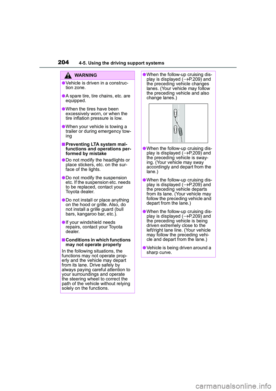 TOYOTA COROLLA CROSS 2022 Owners Guide 2044-5. Using the driving support systems
WARNING
●Vehicle is driven in a construc-
tion zone.
●A spare tire, tire chains, etc. are
equipped.
●When the tires have been
excessively worn, or whe TOYOTA COROLLA CROSS 2022 Owners Guide 2044-5. Using the driving support systems
WARNING
●Vehicle is driven in a construc-
tion zone.
●A spare tire, tire chains, etc. are
equipped.
●When the tires have been
excessively worn, or whe
