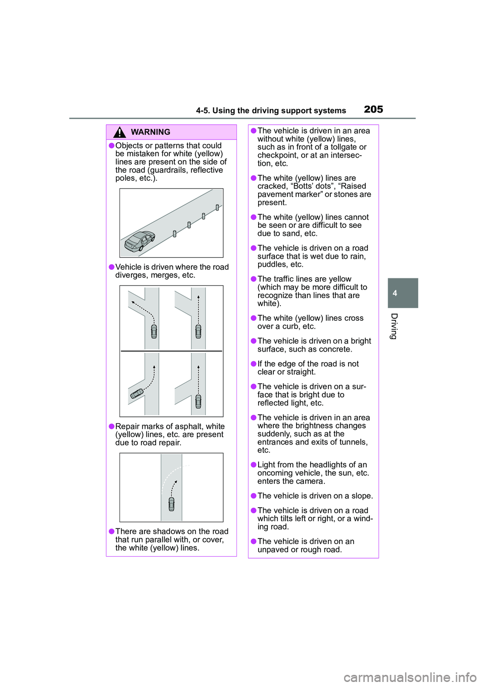 TOYOTA COROLLA CROSS 2022 Owners Manual 2054-5. Using the driving support systems
4
Driving
WARNING
●Objects or patterns that could
be mistaken for white (yellow)
lines are present on the side of
the road (guardrails, reflective
poles TOYOTA COROLLA CROSS 2022 Owners Manual 2054-5. Using the driving support systems
4
Driving
WARNING
●Objects or patterns that could
be mistaken for white (yellow)
lines are present on the side of
the road (guardrails, reflective
poles