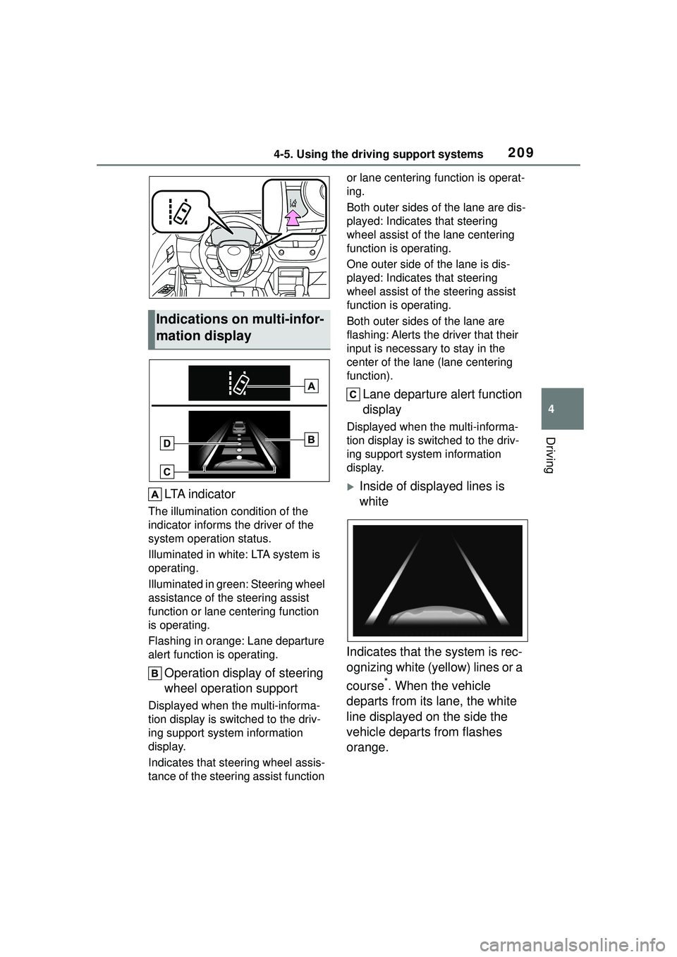 TOYOTA COROLLA CROSS 2022 Owners Guide 2094-5. Using the driving support systems
4
Driving
LTA i n d i c a t o r
The illumination condition of the
indicator informs th e driver of the
system operation status.
Illuminated in white: LTA sy TOYOTA COROLLA CROSS 2022 Owners Guide 2094-5. Using the driving support systems
4
Driving
LTA i n d i c a t o r
The illumination condition of the
indicator informs th e driver of the
system operation status.
Illuminated in white: LTA sy