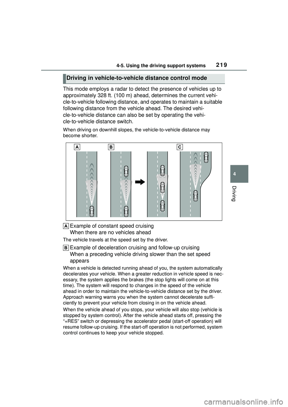 TOYOTA COROLLA CROSS 2022 Owners Manual 2194-5. Using the driving support systems
4
Driving
This mode employs a radar to detect the presence of vehicles up to
approximately 328 ft. (100 m) ahead, determines the current vehi-
cle-to-vehicle TOYOTA COROLLA CROSS 2022 Owners Manual 2194-5. Using the driving support systems
4
Driving
This mode employs a radar to detect the presence of vehicles up to
approximately 328 ft. (100 m) ahead, determines the current vehi-
cle-to-vehicle