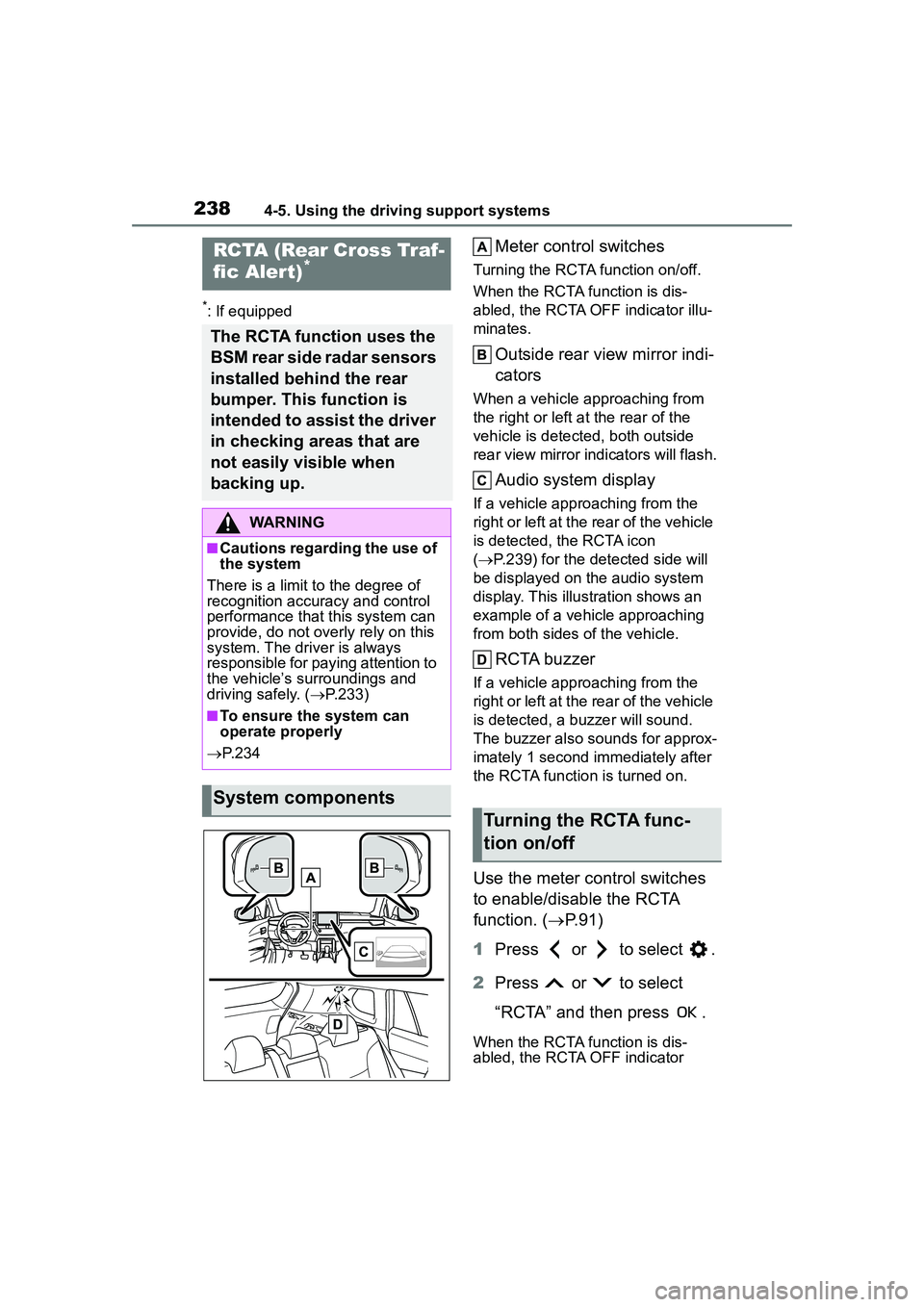 TOYOTA COROLLA CROSS 2022 Workshop Manual 2384-5. Using the driving support systems
*: If equipped
Meter control switches
Turning the RCTA function on/off.
When the RCTA function is dis-
abled, the RCTA OFF indicator illu-
minates.
Outside re TOYOTA COROLLA CROSS 2022 Workshop Manual 2384-5. Using the driving support systems
*: If equipped
Meter control switches
Turning the RCTA function on/off.
When the RCTA function is dis-
abled, the RCTA OFF indicator illu-
minates.
Outside re