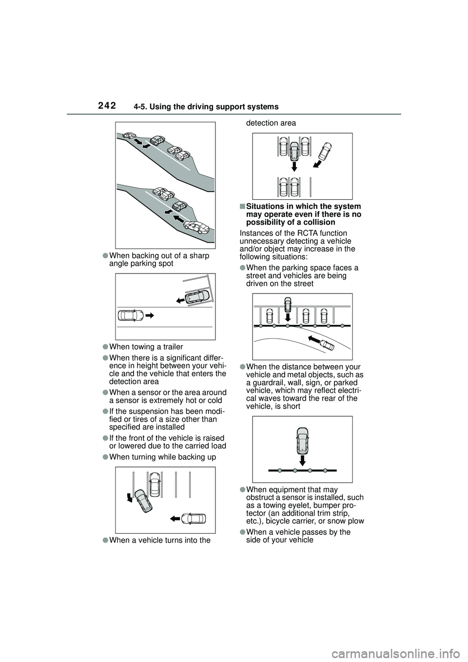 TOYOTA COROLLA CROSS 2022 Owners Guide 2424-5. Using the driving support systems
●When backing out of a sharp
angle parking spot
●When towing a trailer
●When there is a significant differ-
ence in height between your vehi-
cle and t TOYOTA COROLLA CROSS 2022 Owners Guide 2424-5. Using the driving support systems
●When backing out of a sharp
angle parking spot
●When towing a trailer
●When there is a significant differ-
ence in height between your vehi-
cle and t
