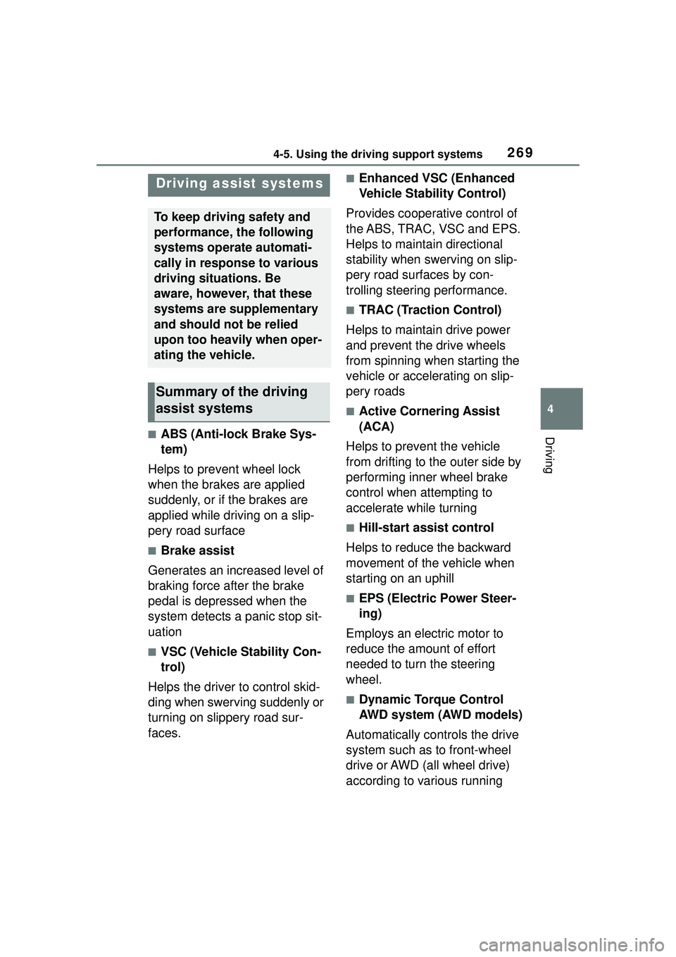 TOYOTA COROLLA CROSS 2022 Service Manual 2694-5. Using the driving support systems
4
Driving■ABS (Anti-lock Brake Sys-
tem)
Helps to prevent wheel lock
when the brakes are applied
suddenly, or if the brakes are
applied while driving on TOYOTA COROLLA CROSS 2022 Service Manual 2694-5. Using the driving support systems
4
Driving■ABS (Anti-lock Brake Sys-
tem)
Helps to prevent wheel lock
when the brakes are applied
suddenly, or if the brakes are
applied while driving on