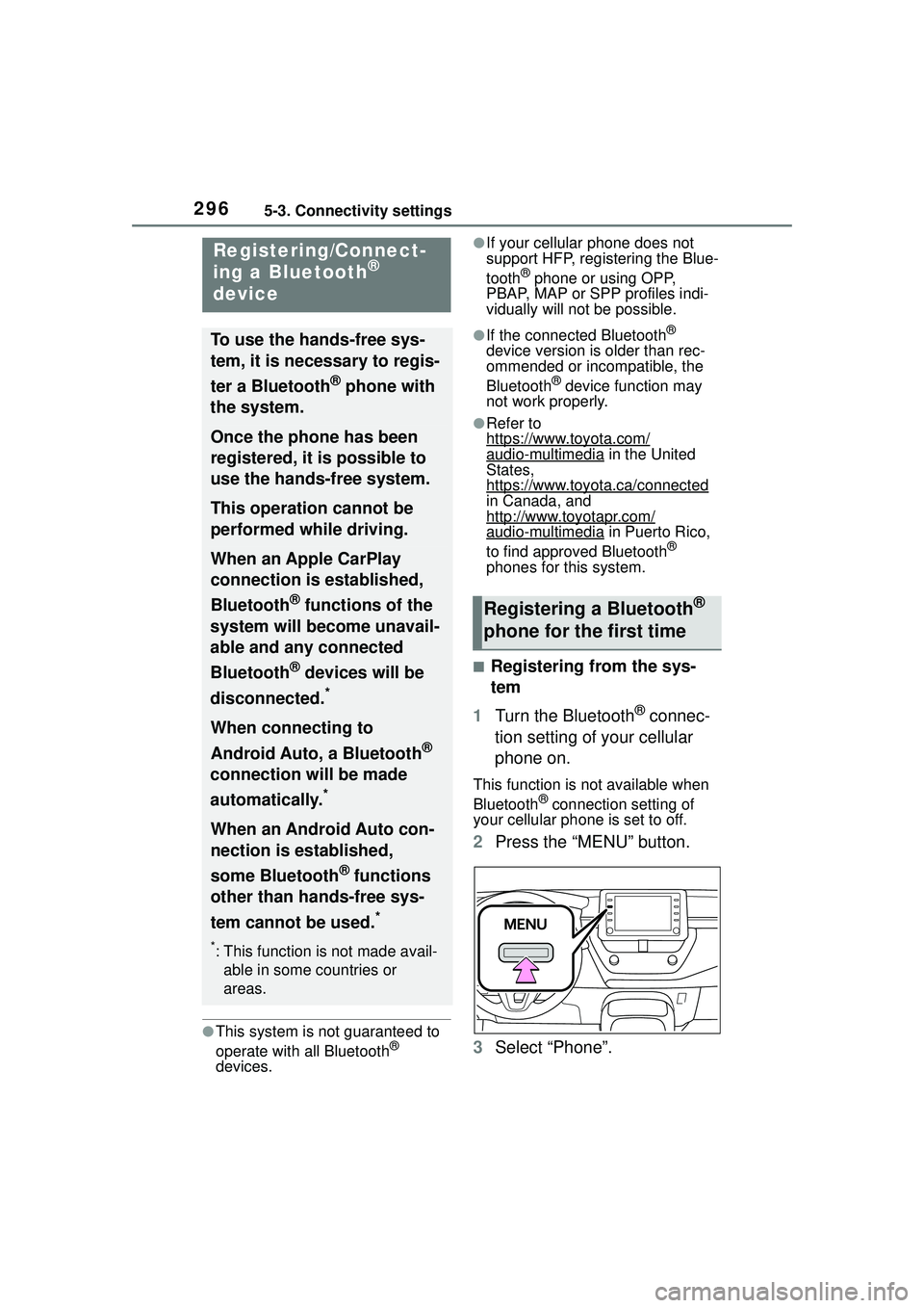 TOYOTA COROLLA CROSS 2022 Owners Manual 2965-3. Connectivity settings
5-3.Connectivity settings
●This system is not guaranteed to
operate with all Bluetooth®
devices.
●If your cellular phone does not
support HFP, registering the Blu TOYOTA COROLLA CROSS 2022 Owners Manual 2965-3. Connectivity settings
5-3.Connectivity settings
●This system is not guaranteed to
operate with all Bluetooth®
devices.
●If your cellular phone does not
support HFP, registering the Blu