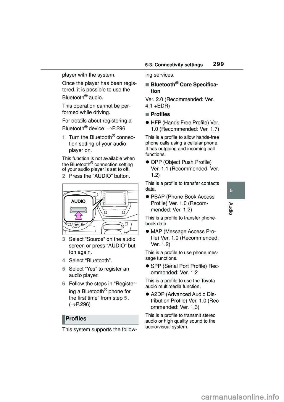 TOYOTA COROLLA CROSS 2022 User Guide 2995-3. Connectivity settings
5
Audio
player with the system.
Once the player has been regis-
tered, it is possible to use the
Bluetooth
® audio.
This operation cannot be per-
formed while driving.
TOYOTA COROLLA CROSS 2022 User Guide 2995-3. Connectivity settings
5
Audio
player with the system.
Once the player has been regis-
tered, it is possible to use the
Bluetooth
® audio.
This operation cannot be per-
formed while driving.