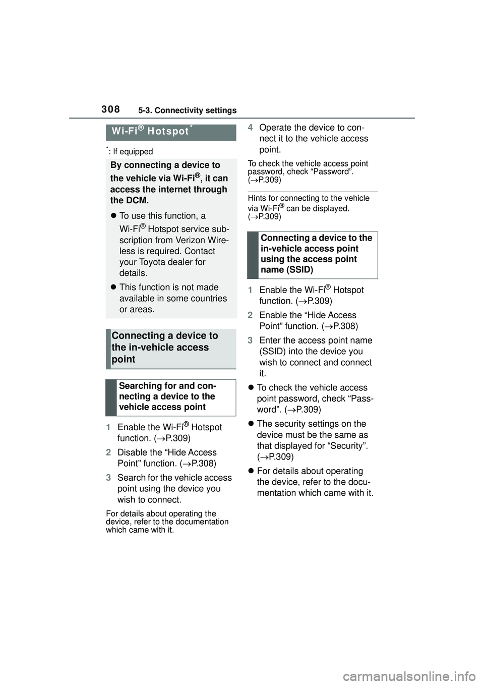 TOYOTA COROLLA CROSS 2022 Owners Manual 3085-3. Connectivity settings
*: If equipped
1Enable the Wi-Fi® Hotspot
function. ( P.309)
2 Disable the “Hide Access
Point” function. ( P.308)
3 Search for the vehicle access
point usin TOYOTA COROLLA CROSS 2022 Owners Manual 3085-3. Connectivity settings
*: If equipped
1Enable the Wi-Fi® Hotspot
function. ( P.309)
2 Disable the “Hide Access
Point” function. ( P.308)
3 Search for the vehicle access
point usin
