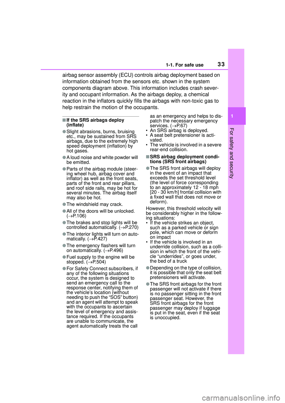 TOYOTA COROLLA CROSS 2022 Owners Manual 331-1. For safe use
1
For safety and security
airbag sensor assembly (ECU) controls airbag deployment based on
information obtained from the sensors etc. shown in the system
components diagram above TOYOTA COROLLA CROSS 2022 Owners Manual 331-1. For safe use
1
For safety and security
airbag sensor assembly (ECU) controls airbag deployment based on
information obtained from the sensors etc. shown in the system
components diagram above
