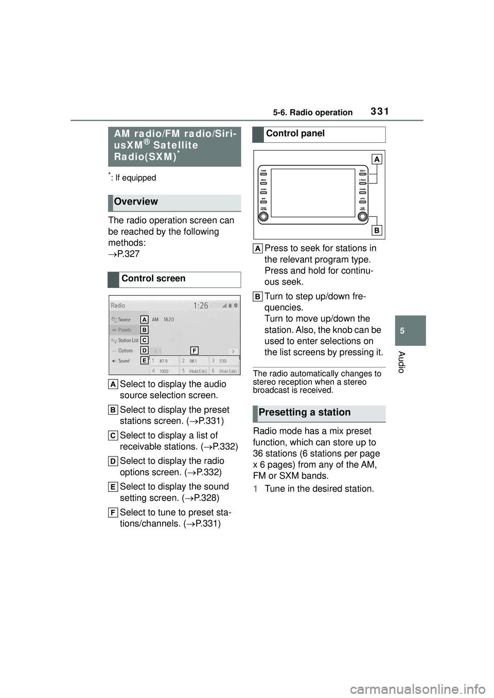 TOYOTA COROLLA CROSS 2022 Owners Manual 3315-6. Radio operation
5
Audio
5-6.Radio operation
*: If equipped
The radio operation screen can
be reached by the following
methods:
P. 3 2 7
Select to display the audio
source selection scree TOYOTA COROLLA CROSS 2022 Owners Manual 3315-6. Radio operation
5
Audio
5-6.Radio operation
*: If equipped
The radio operation screen can
be reached by the following
methods:
P. 3 2 7
Select to display the audio
source selection scree
