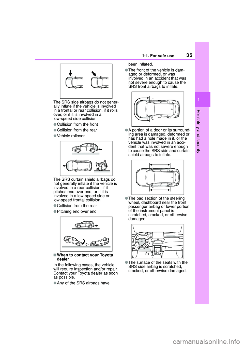 TOYOTA COROLLA CROSS 2022 Owners Manual 351-1. For safe use
1
For safety and security
The SRS side airbags do not gener-
ally inflate if the vehicle is involved
in a frontal or rear collision, if it rolls
over, or if it is involved in a
TOYOTA COROLLA CROSS 2022 Owners Manual 351-1. For safe use
1
For safety and security
The SRS side airbags do not gener-
ally inflate if the vehicle is involved
in a frontal or rear collision, if it rolls
over, or if it is involved in a