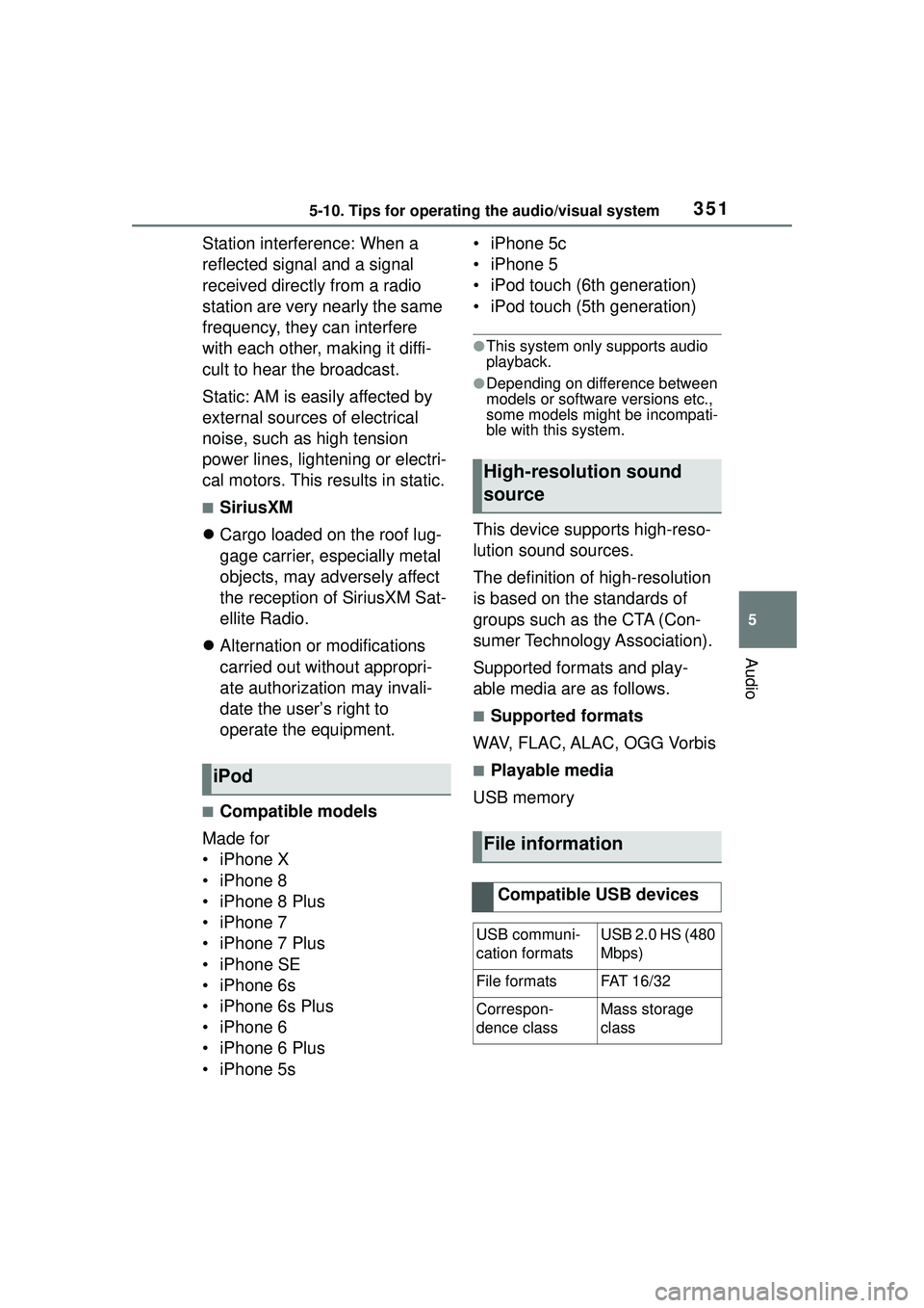 TOYOTA COROLLA CROSS 2022 Owners Manual 3515-10. Tips for operating the audio/visual system
5
Audio
Station interference: When a
reflected signal and a signal
received directly from a radio
station are very nearly the same
frequency, th TOYOTA COROLLA CROSS 2022 Owners Manual 3515-10. Tips for operating the audio/visual system
5
Audio
Station interference: When a
reflected signal and a signal
received directly from a radio
station are very nearly the same
frequency, th