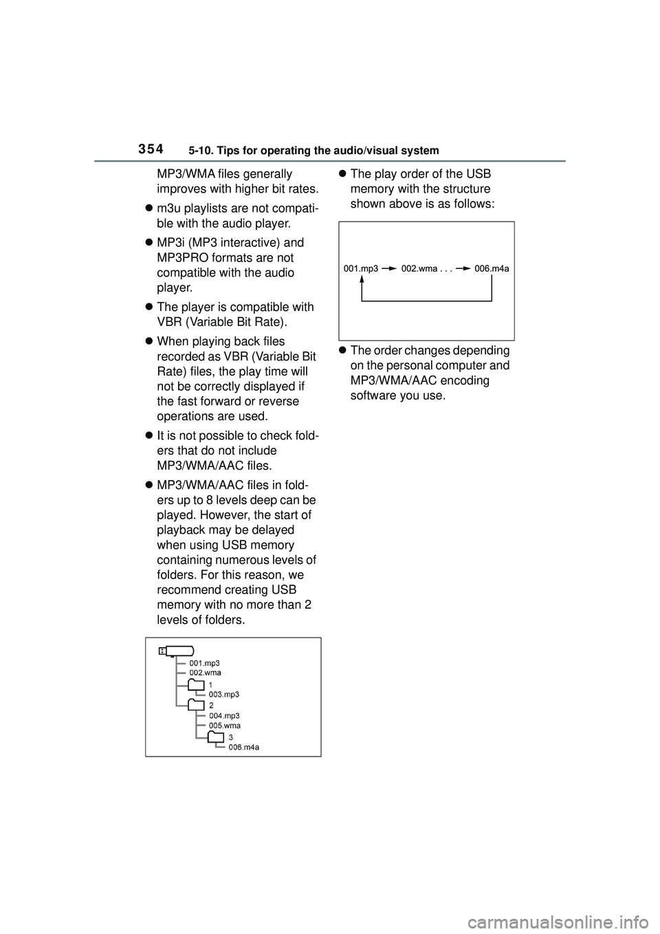 TOYOTA COROLLA CROSS 2022  Owners Manual 3545-10. Tips for operating the audio/visual system
MP3/WMA files generally 
improves with higher bit rates.
 m3u playlists are not compati-
ble with the audio player.
 MP3i (MP3 interactive) an