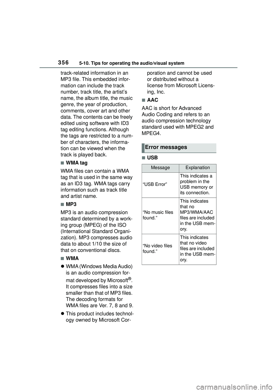 TOYOTA COROLLA CROSS 2022 Owners Manual 3565-10. Tips for operating the audio/visual system
track-related information in an
MP3 file. This embedded infor-
mation can include the track
number, track title, the artist’s
name, the album t TOYOTA COROLLA CROSS 2022 Owners Manual 3565-10. Tips for operating the audio/visual system
track-related information in an
MP3 file. This embedded infor-
mation can include the track
number, track title, the artist’s
name, the album t